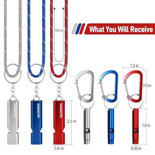 Emergency Whistle Set ? 6 Aluminum Whistles, 3 Paracord Lanyards, 3 Carabiners for Camping, Hiking, Fishing, Hunting & Survival. Loud Safety Rescue Signaling for Marine Boat Lifeguard