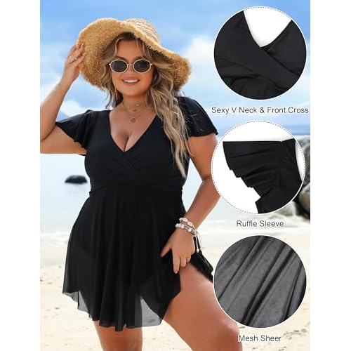BMJL Women's Plus Size Swimsuit One Piece Tummy Control Bathing Suit Ruffle Sleeve Swim Dress