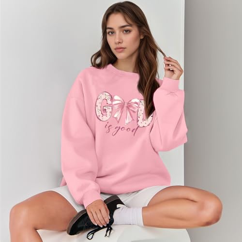 KEEVICI God Is Good Christian Sweatshirts for Women Bow Jesus Cute Bible Verse Sweatshirt Faith Religious Graphic Hoodies