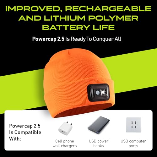 POWERCAP LED Hat Light 150 Lumens Rechargeable Fleece Beanie with Bright Built-in Headlamp Waterproof LED Warm One Size Cap (US, Alpha, One Size, Blaze Orange Knit)