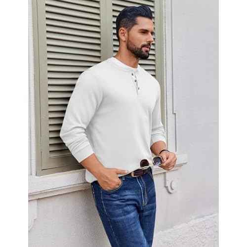Ekouaer Mens Henley Long Sleeve Shirts Waffle T-Shirt Lightweight Thermal Undershirts S-XXL