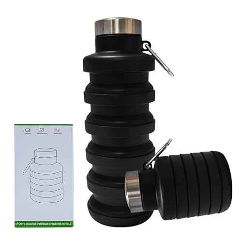 Collapsible Water Bottle,16oz Capacity Portable Reusable Silicone Water Bottle, Leak-proof, with buckle, foldable storage, Lightweight Durable for Fitness, Cycling, Sports, Camping, Hiking (Black)