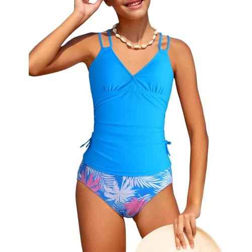 Girls Swimsuit 2 Piece Bikini Set Tropical Print Girls Bathing Suit Adjustable Straps 7-16T