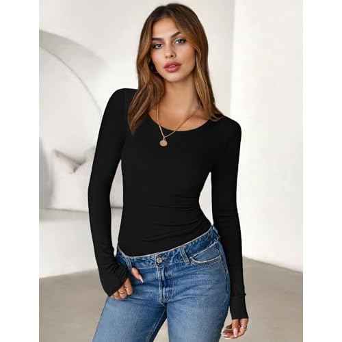 Ekouaer Long Sleeve Shirts for Women Ribbed Scoop Neck Tops 2025 Fall Basic Tees Fitted Thermal Undershirts Clothes XS-XXL