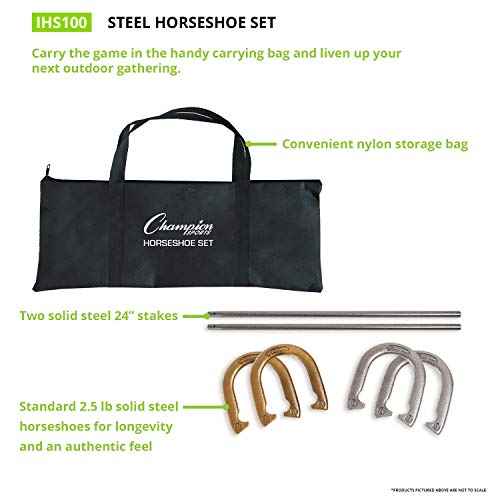 Champion Sports Horseshoe Set: Traditional Outdoor Lawn Game includes Four Professional Solid Steel Horseshoes with Solid Steel Stakes & Carrying Storage Case
