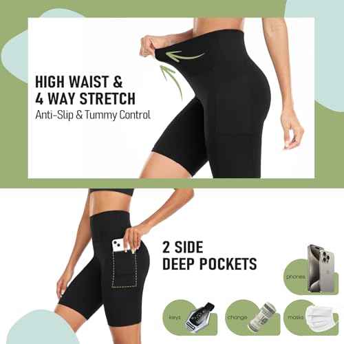 GROTEEN 8'' Biker Shorts Women with Pockets - High Waisted Tummy Control Yoga Workout Running Gym Spandex Shorts