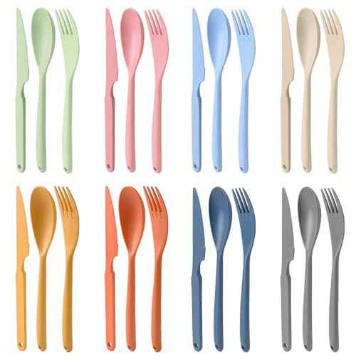 Knives Spoons and Forks Set, Large BPA Free Reusable Travel Utensils, Plastic Cutlery set Portable Lunch Tableware (8 Color)