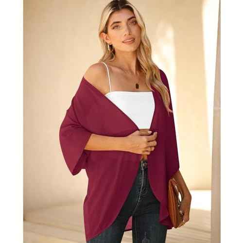 LILBETTER Women Lightweight Chiffon Cardigan Puff Sleeve Loose Beach Wear Cover Up Blouse Top