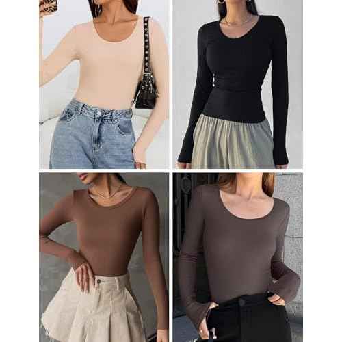 Ekouaer Long Sleeve Shirts for Women Ribbed Scoop Neck Tops 2025 Fall Basic Tees Fitted Thermal Undershirts Clothes XS-XXL
