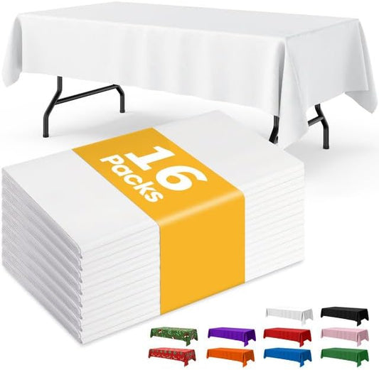 Niuara White Plastic Tablecloths - 16 Pack 54" x 108" Waterproof Disposable Covers for Parties & Events