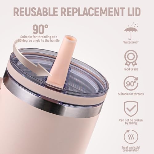 Replacement Lid for Stanley 40oz and 64oz Tumbler.Leakproof Flip Straw Lid Fit stanley Cup Quencher H2.0 40 oz/64 oz and Stanley ProTour 40oz/64oz Tumbler.(Rose Quartz,1-Pack)