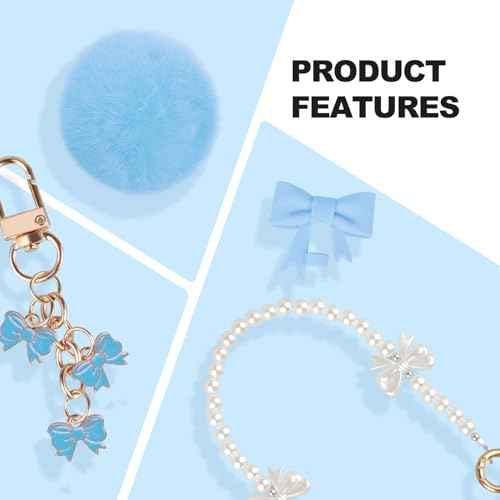 Stanley Cup Accessories Set for 40oz & 30oz Tumbler,Silicone Straw Cover, Cute Bow Charm,Handle Strap,Cup Ring,Plush Pendant,Silicone Stanley Boot,Heart Buttons (Light Blue)
