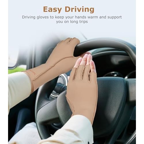 NURCOM Compression Arthritis Gloves, Rheumatoid Pain Relief Compression Gloves for Women & Men, Premium Fingerless Circulation Gloves for Arthritis & Joint Pain, Swelling, Tendonitis, 1 Pair Beige M