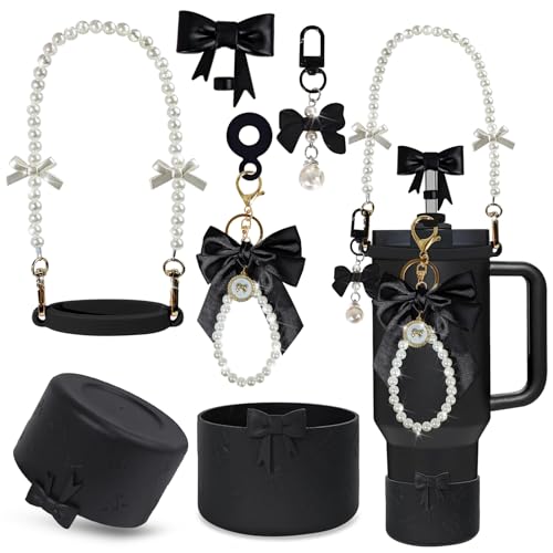 Bow Stanley Cup Accessories Set Including Siliocne Straw Cover, Siliocne Boot, Water Bottle Handle Strap, Stanley Charms for Stanley Cup 40oz 30oz Tumbler with Handle