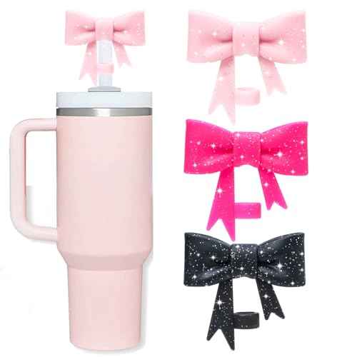 Bow Straw Cover Topper for Stanley Cup,Glitter Pink Silicone Straw Toppers for Tumbler with Handle 30/40oz,Cute 10mm/0.4in Straw Covers Cap,Reusable Straw Lids for Stanley Cup Accessories