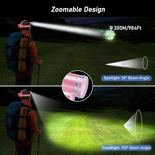 Blukar LED Headlamp, Super Bright Rechargeable Headlight Flashlight - 3 Lights 5 Modes,Zoomable,Spotlight&Floodlight Combination, IPX6 Waterproof, 20+Hrs Runtime for Running,Hiking-Pink
