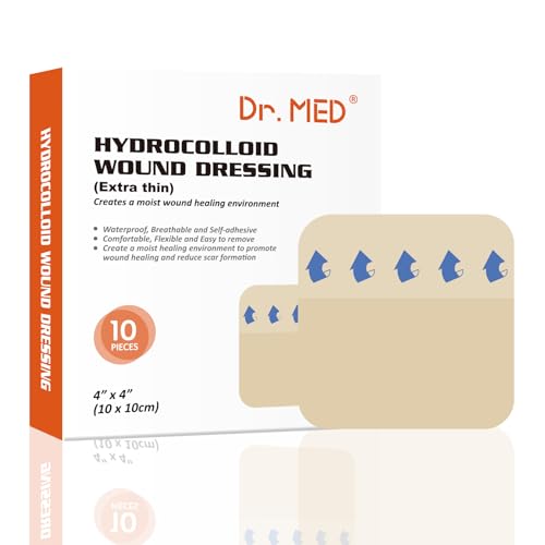 Dr. Med Hydrocolloid Wound Dressing Extra Thin 4"x4"-10 Pack/Box, Waterproof Adhesive Bordered Bandage, for Light Exudate, Abrasions, Pressure Ulcer, Bed Sore, Superficial Wound Care