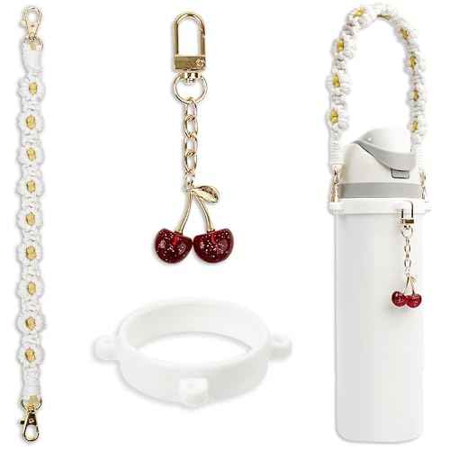 Handle Strap & Cherry Charm Accessories Set Compatible with Owala Water Bottle 24 oz, 32 oz, 40 oz, FreeSip, Kids & Pink Tumblers, Multi-Use for Owala Accessories Set & Stanley Cup Accessories