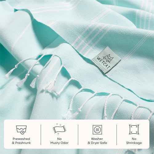 WETCAT Turkish Beach Towel Oversized (38"x71") 100% Turkish Cotton, Made in Turkey - Sand Free, Extra Large, Ultra Soft, Quick Drying, Compact & Lightweight for Travel - Aqua