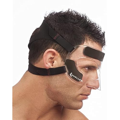 MUELLER Sports Medicine Face Mask for Men & Women, Adjustable Clear Face Guard, Nose & Cheek Protection for Basketball & Cosmetic Procedures, Shatterproof with Foam Padding, One Size