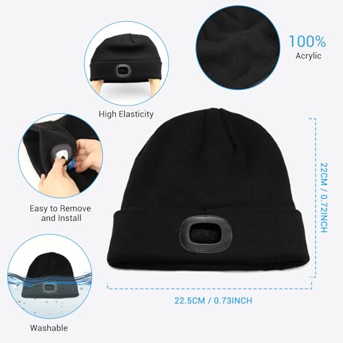 Unisex Beanie Hat with LED Light, USB Rechargeable Headlamp Caps, Windproof Warm Knit hat for Adults, 3 Brightness Modes for Fishing, Camping, Hiking Black