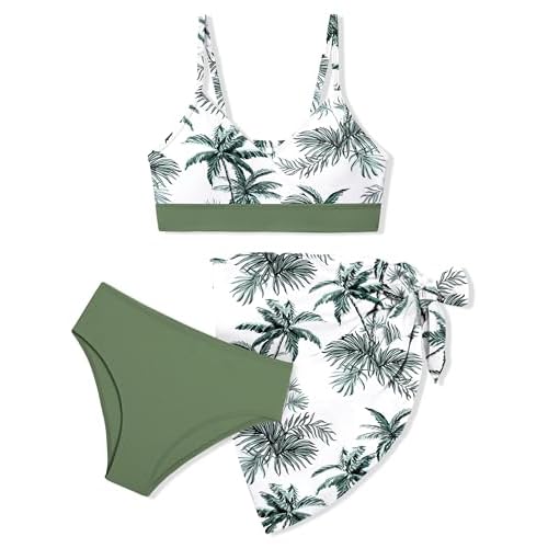 Girls Swimsuit V Neck Adjustable Straps Stylish Bikini with Cover Up 3 Piece Set Bathing Suits for Teen Girl