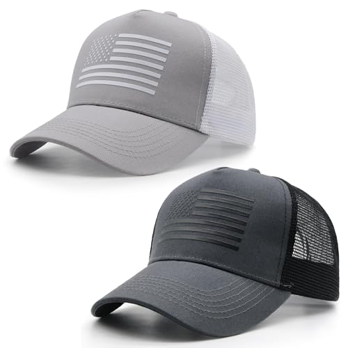 2 Packs American Flag Trucker Hat, Adjustable Mesh Snapback USA Flag Baseball Caps for Men Women