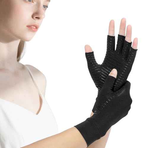 Compression Arthritis Gloves for Women and Men,Copper Infused Black Fingerless Gloves-Grip Design Breathable Comfort.