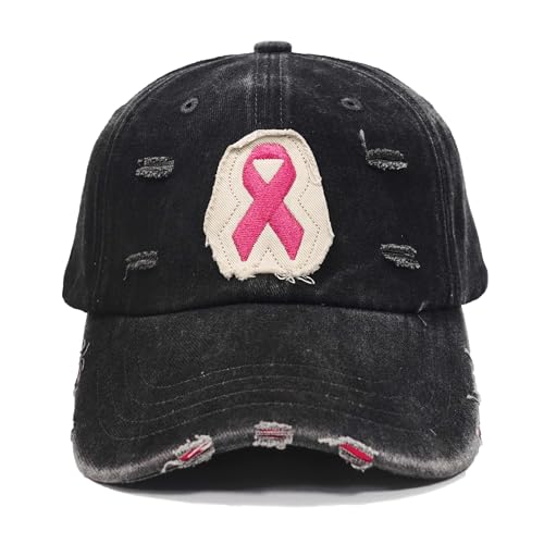 Breast Cancer Awareness Hat Pink Ribbon Patch Distressed Cotton Adjustable Baseball Cap, Breast Cancer Gift for Women