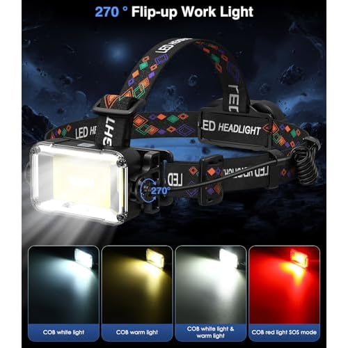 MoKo Rechargeable Headlamp, 3-in-1 2500 High Lumens Head Lamp with 9 LED, 13 Modes IP44 Waterproof LED Headlamp with 3 Color Temps, Running Headlight for Camping, Cycling, Hiking, Fishing, Black