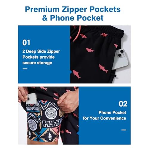 Mens Swim Trunks with Compression Liner 5" Stretch Beach Shorts 2 in 1 Quick Dry with Zipper Pockets Board Shorts