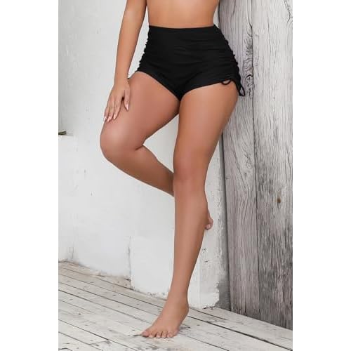 Halcurt Women's High Waisted Swim Board Shorts Tummy Control Side Tie Adjustable Tankini Swimsuit Bottoms