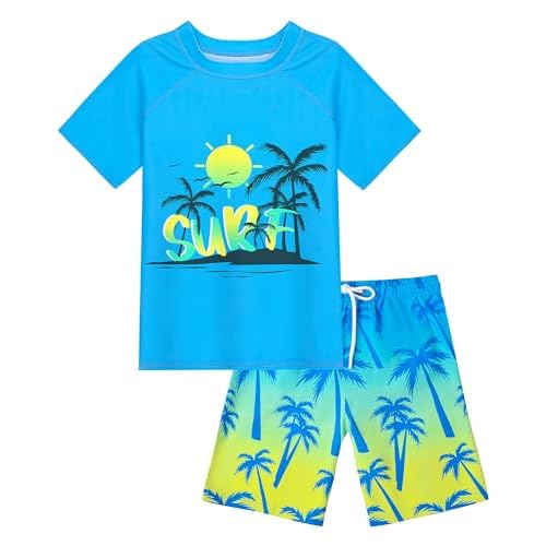 Boys Two Piece Rash Guard Swimsuits Sets Kids Short Sleeve Swim Shirts Bathing Suit with Swim Trunks Swimwear Set