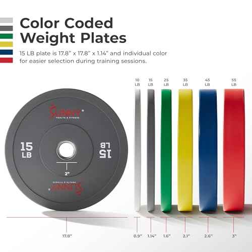 Sunny Health & Fitness Elite 2-Inch Rubber Olympic Bumper Weight Plate 10-55 LB with Steel Hub for Home Gym, Squat Rack, Strength Training, Barbell, Workout Equipment, Deadlifts, Weightlifting
