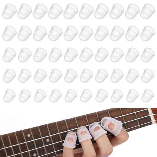 50 Pcs Guitar Finger Covers, Silicone Finger Tip Protectors Anti-Slip & Breathable Silicone Guitar Fingers Guards for Guitars Playing, Ukulele Bass, and Sewing (5 Sizes, White)