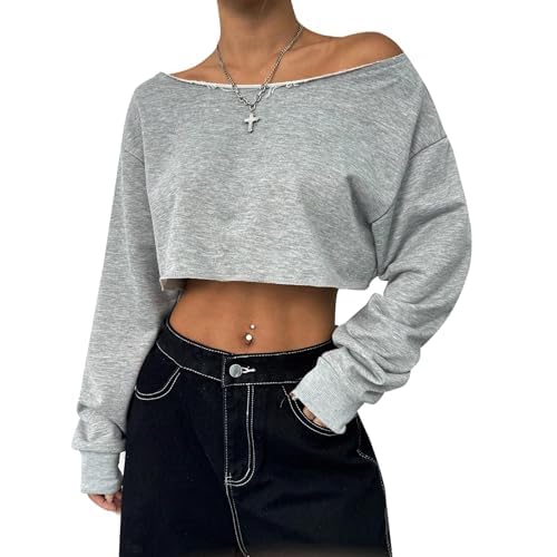 Remidoo Women's Off the Shoulder Cropped Sweatshirt Asymmetrical Neck Long Sleeve Crop Tops