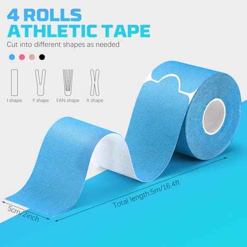 80 Strips Kinesiology Tape, 4 Rolls Precut Athletic Tape Elastic Waterproof Sports Tape 2 Inch x 16 Feet Body Tape with Scissors for Joint Support Muscle (Beige, Black, Blue, Pink)