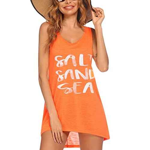 Ekouaer Women's Sleeveless Swimwear Coverups T-Shirt Beach Dress Tank Bikini Cover Up with Print