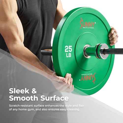Sunny Health & Fitness Elite 2-Inch Rubber Olympic Bumper Weight Plate 10-55 LB with Steel Hub for Home Gym, Squat Rack, Strength Training, Barbell, Workout Equipment, Deadlifts, Weightlifting