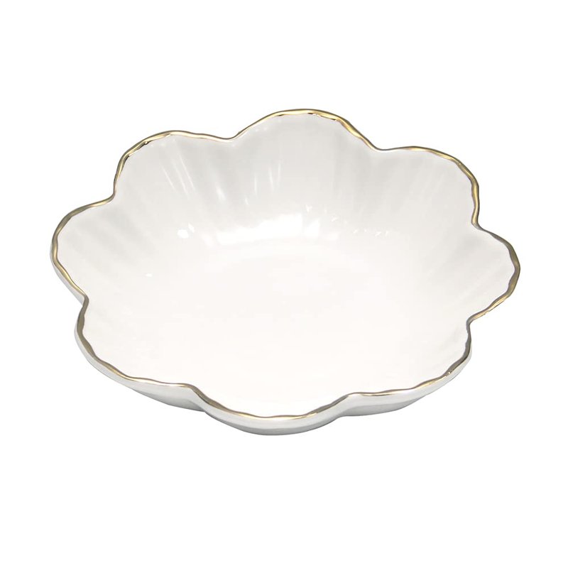 HOKMOKQOK Porcelain Serving Dish,Ceramics Flower Relish Tray with Metallic Rim,Serving Bowls for Wedding,Party Perfect for Small Cereal, Pasta, Salad, Candy and Snacks White 6.6 inch (6.6 inch)