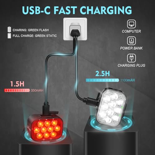 BUCKLOS Bike Lights Front and Back for Night Riding, 10 LED Ultra Bright 8+9 Modes USB Rechargeable Bicycle Headlight and Tail, IPX6 Waterproof 1100mAh Bikes Light Set, 35 Hrs Long Battery Powered
