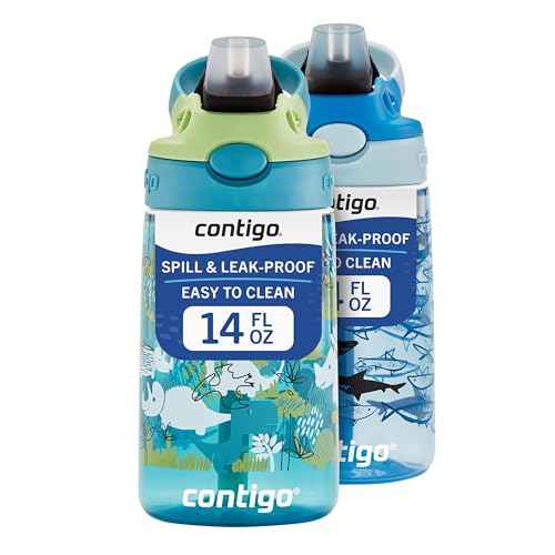Contigo Aubrey Kids Water Bottle, 2-Pack, 14oz, Dinos & Sharks, Spill-Proof Lid, Dishwasher Safe, Blue & Green
