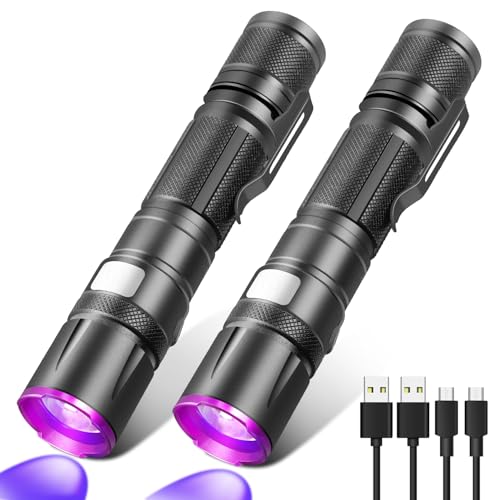 Blacklight Flashlight, 2 Pack UV Flashlight Rechargeable, Small Pure Ultraviolet Light Long Lasting, Powerful Fluorescent Detector for Dog Urine Stains,Scorpions,Hornworm,Glow Paint