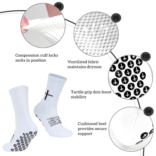3 Pairs Cross Grip Soccer Socks for US 6-13 - Anti-Slip Christian Socks with Bible Verse