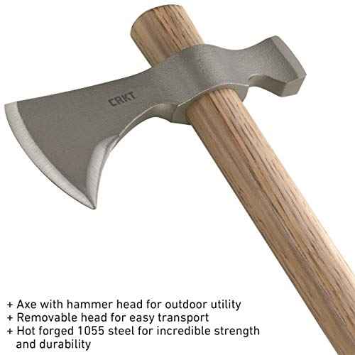 CRKT Woods Chogan Tomahawk Axe: RMJ T-Hawk Lightweight Outdoor Camping Axe with Hammerhead, Forged Carbon Steel Blade, and Hickory Wooden Handle 2730