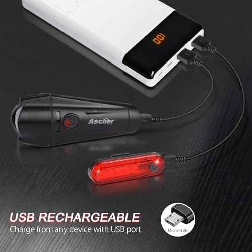 Ascher Ultra Bright USB Rechargeable Bike Light Set, Powerful Bicycle Front Headlight and Back Taillight, 4 Light Modes, Easy to Install for Men Women Kids Road Mountain Cycling Black