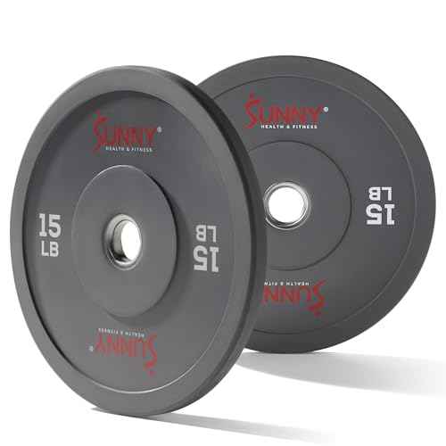 Sunny Health & Fitness Elite 2-Inch Rubber Olympic Bumper Weight Plate 10-55 LB with Steel Hub for Home Gym, Squat Rack, Strength Training, Barbell, Workout Equipment, Deadlifts, Weightlifting