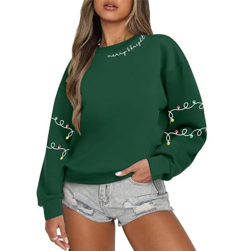 Christmas Sweatshirt for Women Christmas Light Sweatshirts Merry And Bright Xmas Long Sleeve Shirts Crewneck Pullover Tops