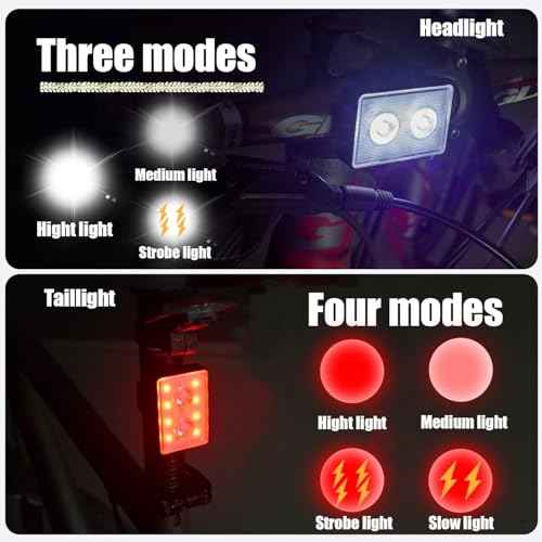 Bike Lights for Night Riding, USB Rechargeable, Front and Back, 3+4 Modes, Headlight and Taillight Set, IP44 Waterproof, Accessories, Night, (2 Pack)