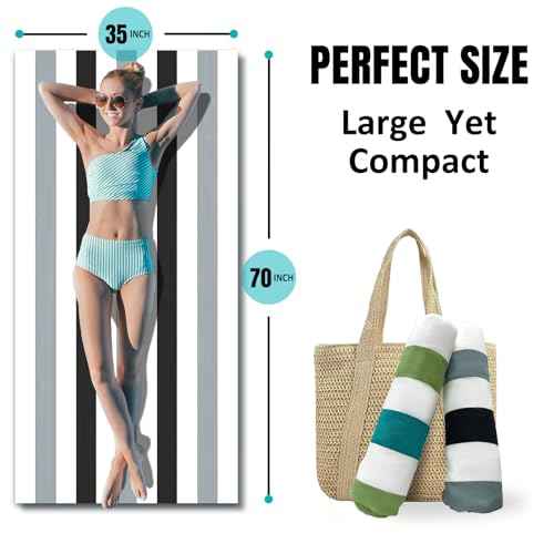 cabanana Large Oversized Beach Towel - Microfiber Sand Free 35 x 70 Inch Quick Dry Lightweight Pool Towel for Adults, Thin Striped Swim Towel (Black)